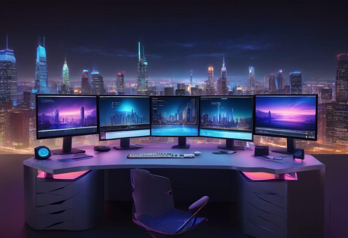 A dynamic and futuristic workstation with multiple monitors showcasing vibrant, beautifully designed websites, code snippets, and design tools. The background features a cityscape at night, symbolizing endless possibilities on the web. Include subtle elements like code flowing through the air and digital sparks representing creativity. super-realistic. vibrant colors. tech-inspired.