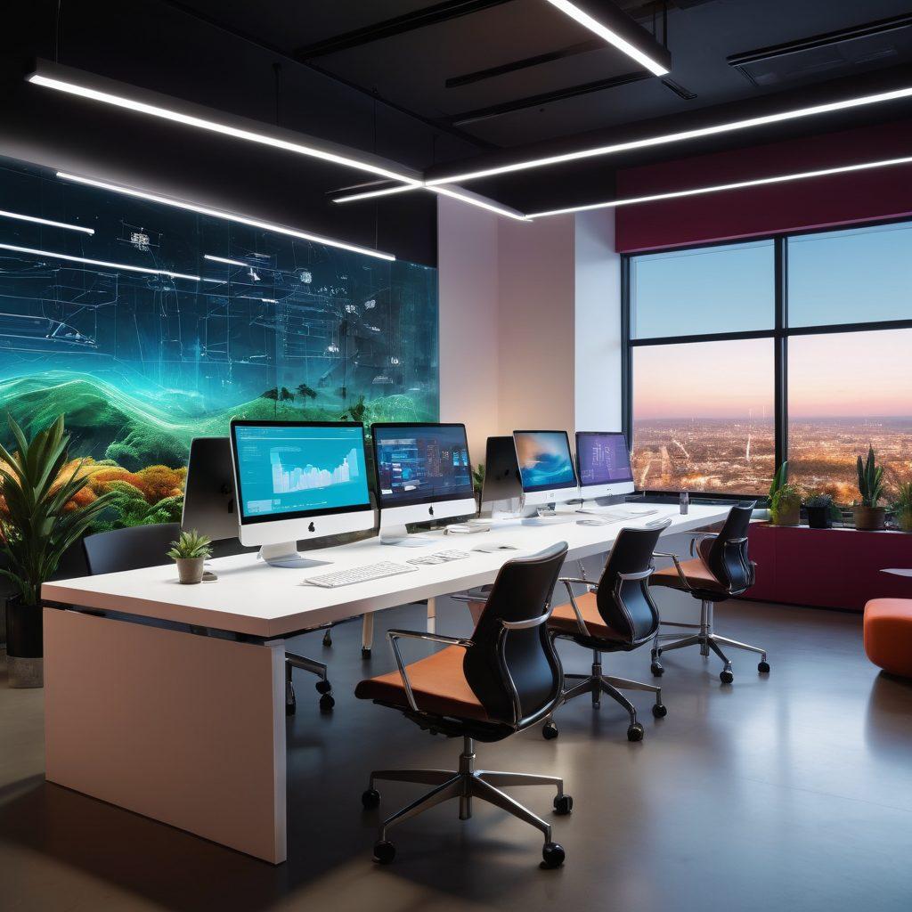 A vibrant, futuristic workspace filled with diverse, creative professionals engrossed in designing websites and digital experiences on sleek, translucent screens. A vivid collage of dynamic web elements and interactive UI/UX mockups floats around them. super-realistic. vibrant colors. modern office setting.