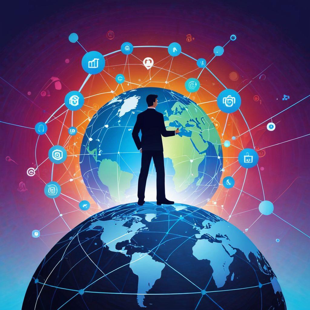 A dynamic scene of a person standing on top of a digital globe with interconnected nodes and lines representing the internet, surrounded by icons of social media, SEO, and web analytics. The background is a gradient of blue, symbolizing technology and innovation. Vector art. Vibrant colors.